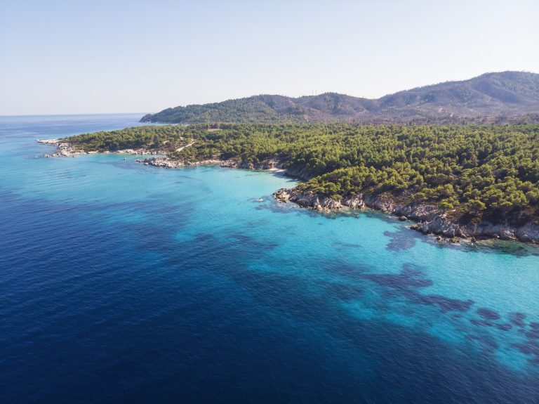 Aegean sea coast with blue transparent water, greenery around, rocks, bushes and trees, view from the drone, Greece