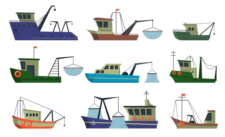 Fishermen boats and trawlers set. Ships in sea with crane for lifting net with fish. Vector illustration for commercial fishing, food industry, transportation concept