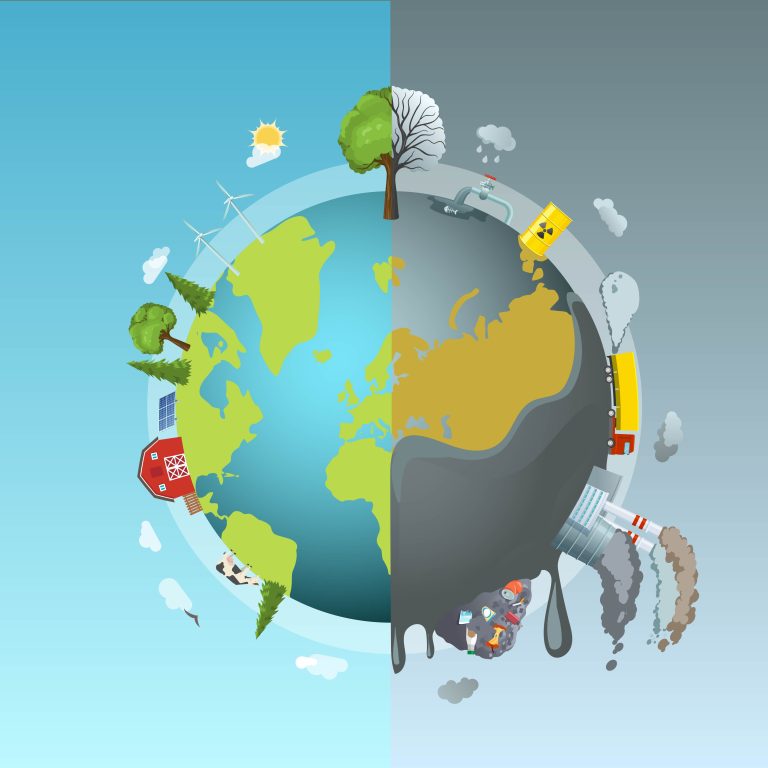 Circle ecology composition with cartoon style drawn earth globe divided into two halves clean and polluted vector illustration